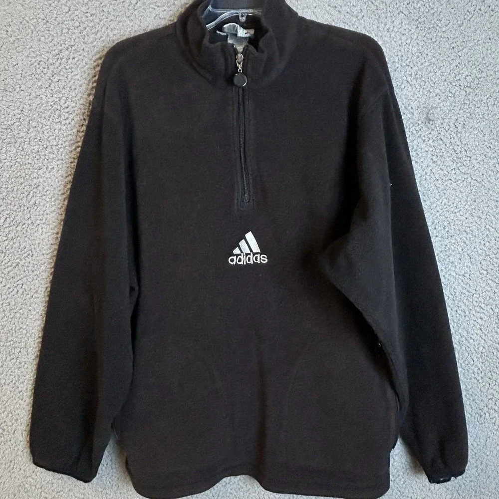 Vintage Adidas Pullover Sweater Fleece Mens Large Black 1/4 Zip Center Logo
